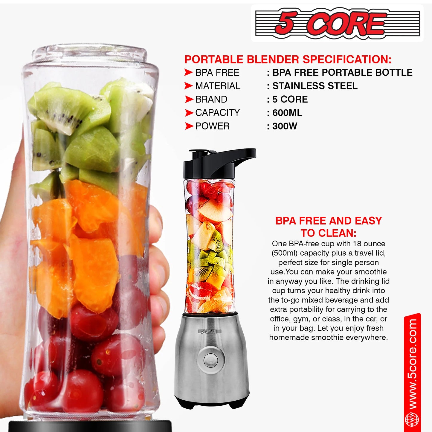 5 Core Personal Blender 20 Oz Capacity BPA Free Food Processor W 600Ml Portable Travel Bottle 300W Electric Motor Powerful Food Processor -5C 521