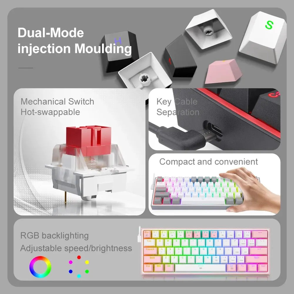 Fizz K617 RGB USB Mini Mechanical Gaming Wired Keyboard Red Switch 61 Key Gamer for Computer PC Laptop Detachable Cable