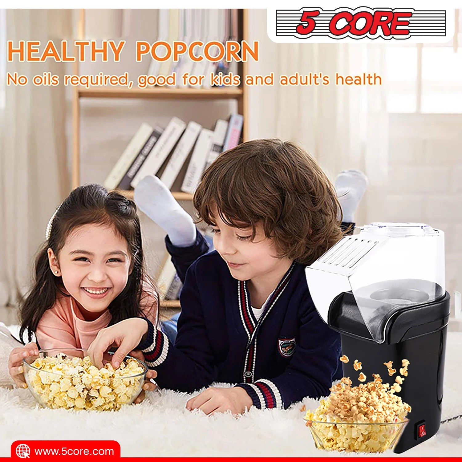 5 Core Popcorn Machine Black Capacity 16 Cups Hot Air Popcorn Popper Maker Compact Mini Pop Corn Machine - POP B