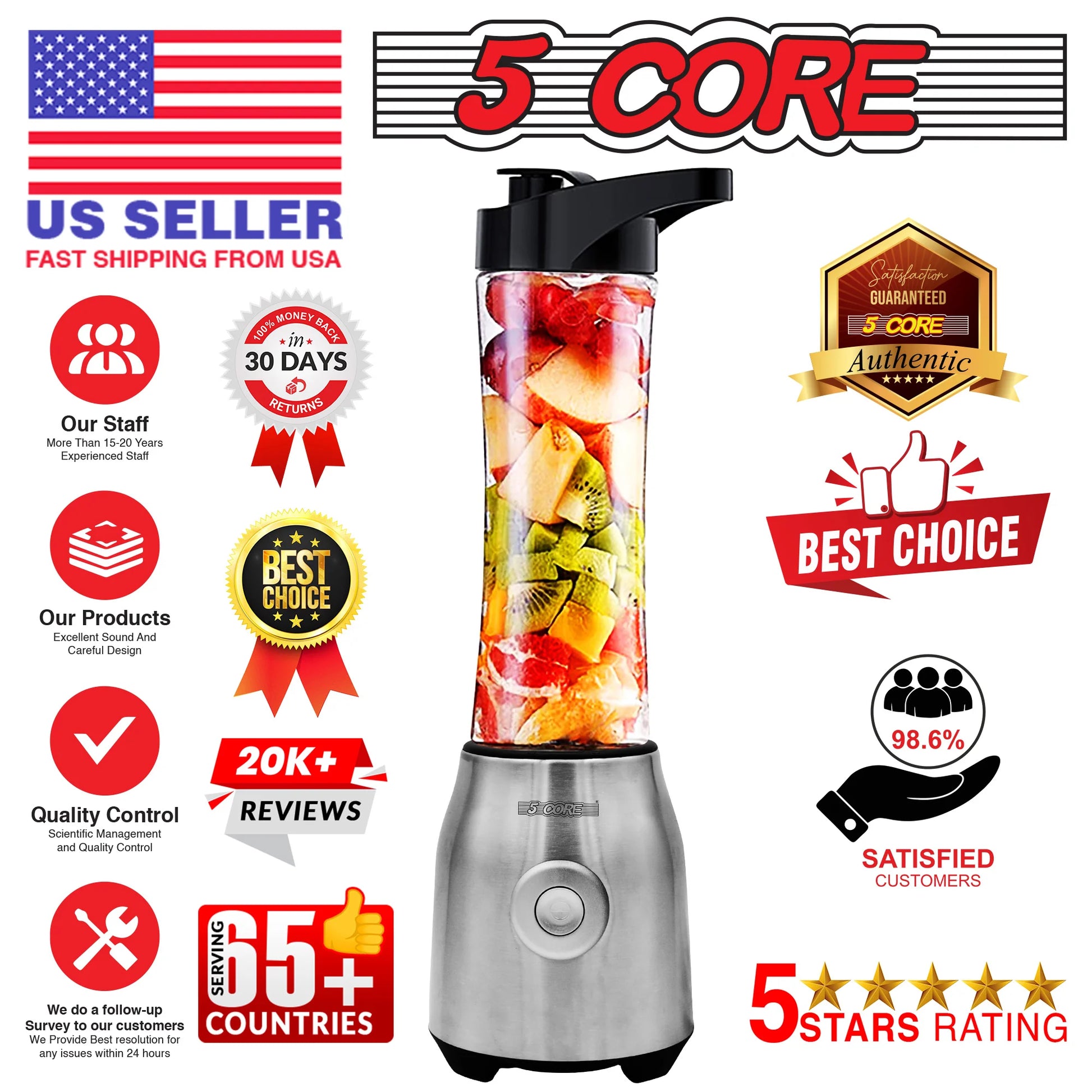 5 Core Personal Blender 20 Oz Capacity BPA Free Food Processor W 600Ml Portable Travel Bottle 300W Electric Motor Powerful Food Processor -5C 521