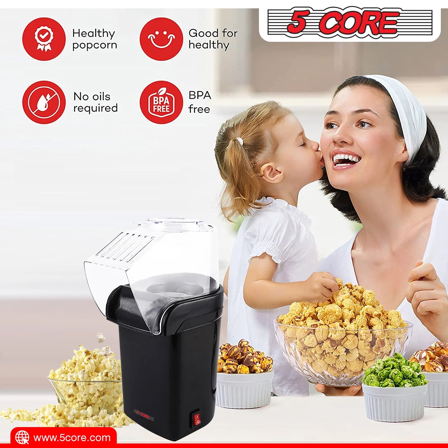 5 Core Popcorn Machine Black Capacity 16 Cups Hot Air Popcorn Popper Maker Compact Mini Pop Corn Machine - POP B