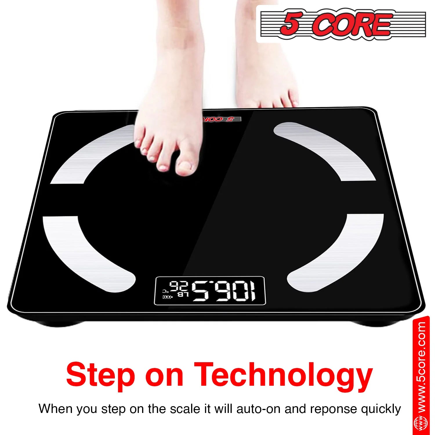 5 Core Bathroom Scale for Body Weight Smart Digital Weighing Machine Body Composition Monitor Health Analyzer with Smartphone App 400 Lbs Batteries Included-Bbs 03 B BLK