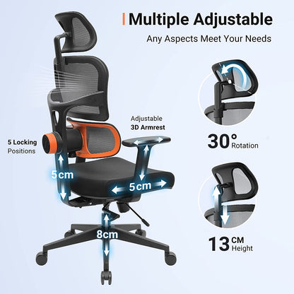 Ergonomic High Back Office Chair | Mesh Computer Desk Chairs with Adaptive Lumbar Support | Adjustable Arms Headrest Backrest | Tilt Function 3D Armrest Recliner for Home Office