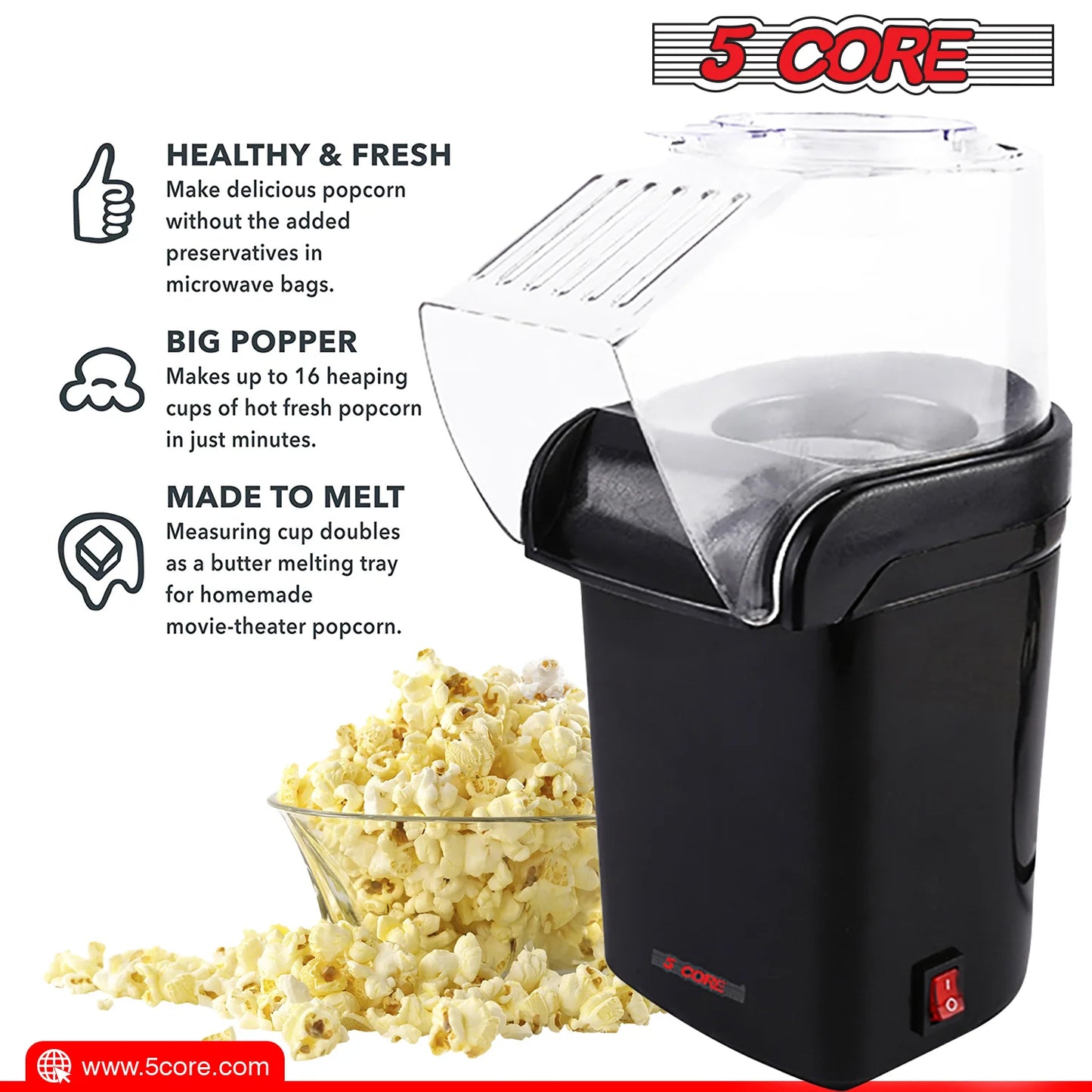 5 Core Popcorn Machine Black Capacity 16 Cups Hot Air Popcorn Popper Maker Compact Mini Pop Corn Machine - POP B