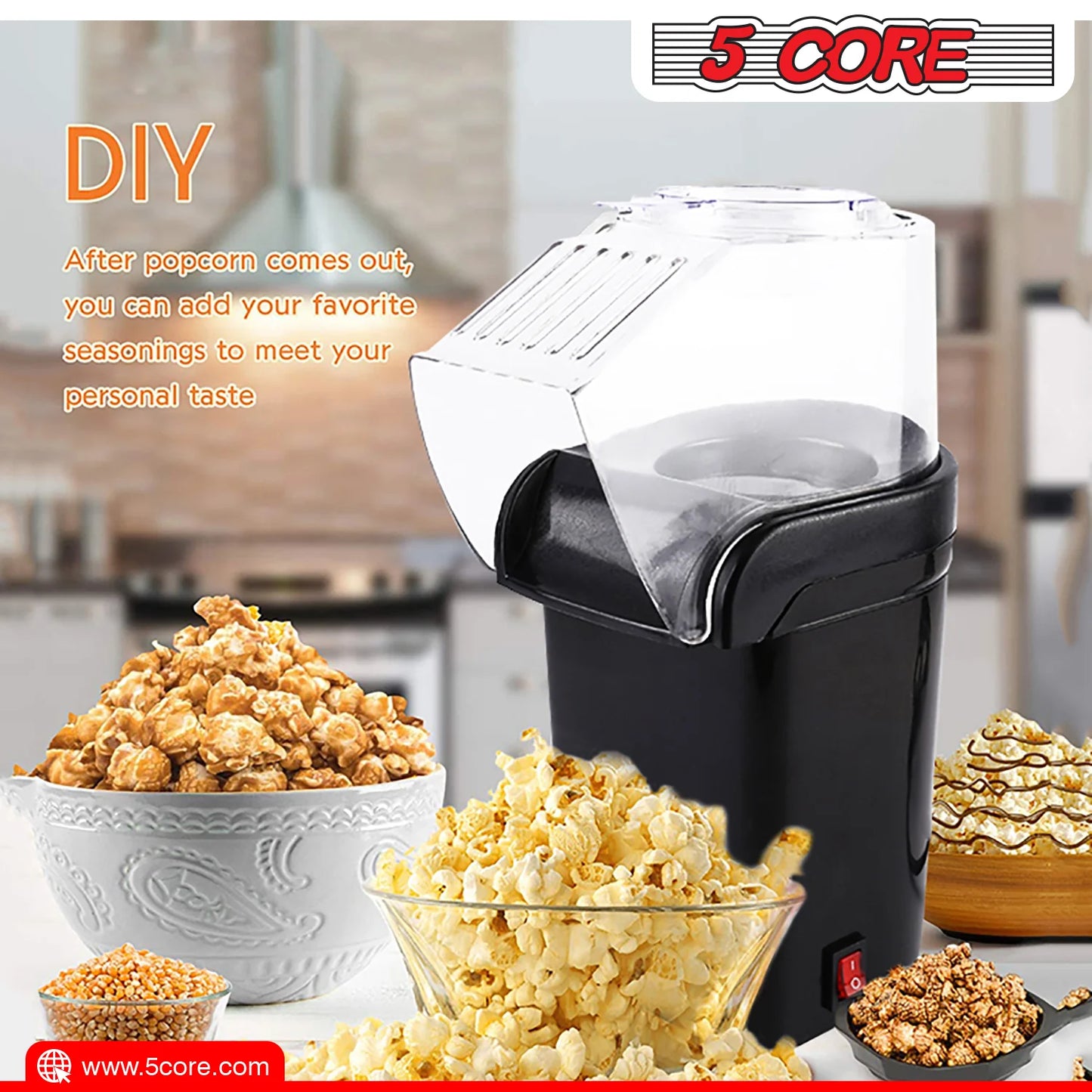 5 Core Popcorn Machine Black Capacity 16 Cups Hot Air Popcorn Popper Maker Compact Mini Pop Corn Machine - POP B