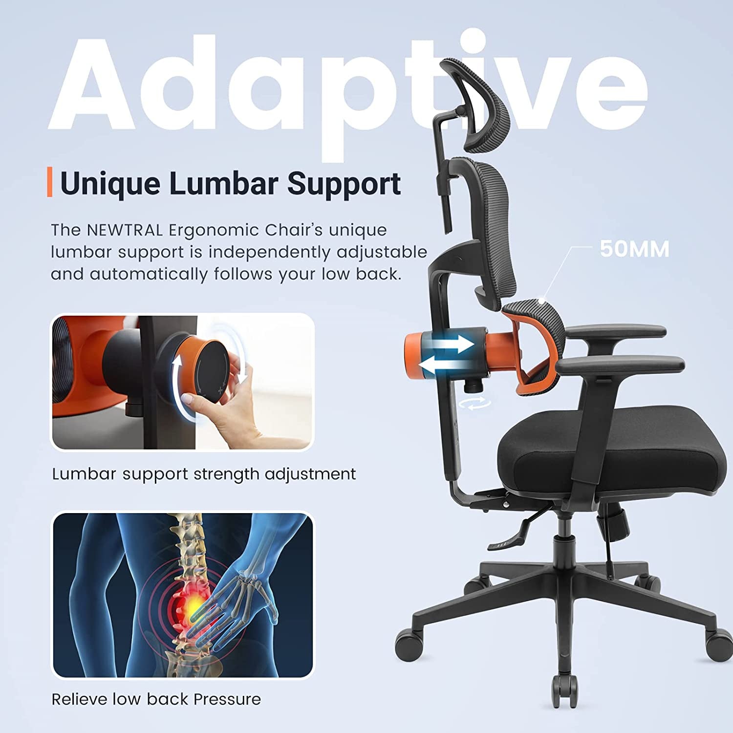 Ergonomic High Back Office Chair | Mesh Computer Desk Chairs with Adaptive Lumbar Support | Adjustable Arms Headrest Backrest | Tilt Function 3D Armrest Recliner for Home Office