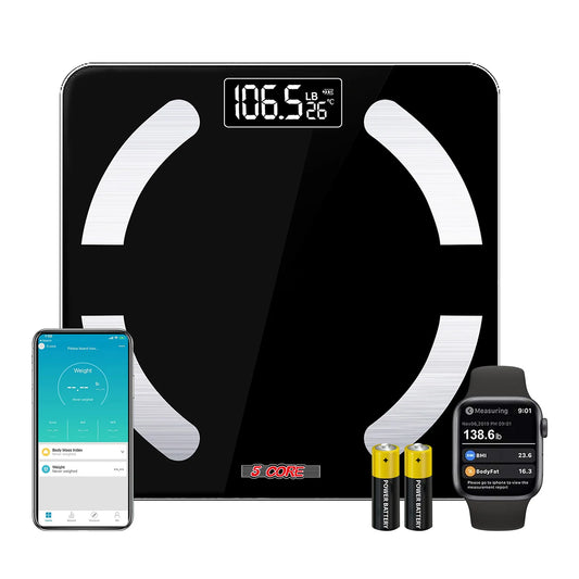 5 Core Bathroom Scale for Body Weight Smart Digital Weighing Machine Body Composition Monitor Health Analyzer with Smartphone App 400 Lbs Batteries Included-Bbs 03 B BLK